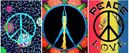 图6 迷幻风格海报 左边的光效应海报（1971），中间的海报叫做“和平女孩”（1971），右边海报佚名（1968）